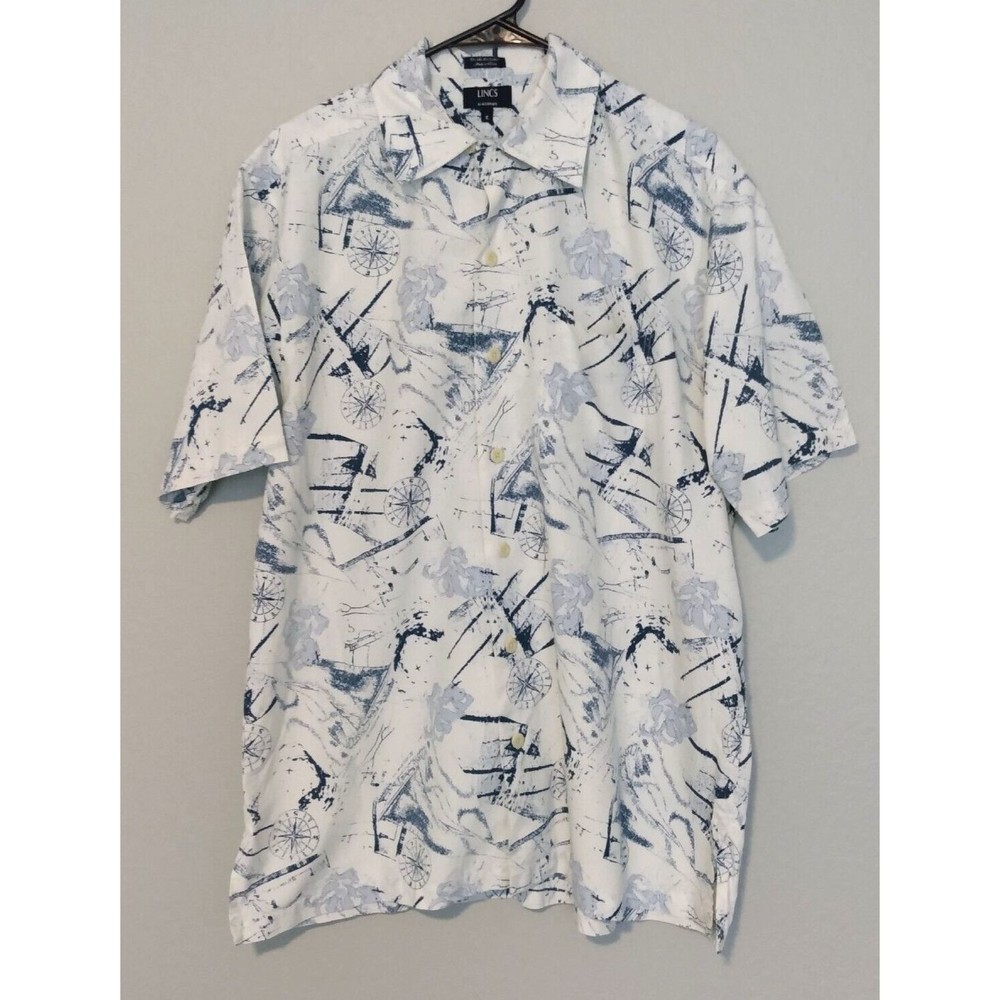 LINCS DC & Company Men's Blue White Silk Cotton Compass Button Front Shirt M
